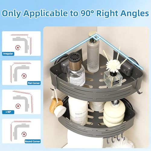 Corner Shower Caddy with Hooks, Zynuhmo Suction Shower Storage Rack With Large Capacity, No Drilling Rust Proof Aluminum Shower Shelves Organizer with Towel Bar for Bathroom Inside Shower(2Pack, Gray) Triangle