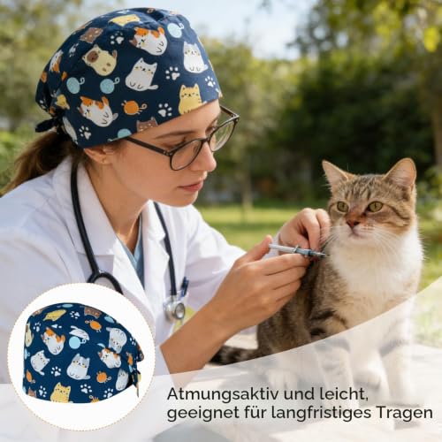 Women's Surgical Cap - Work Hat with Cat Motif, Fabric Surgical Cap with Tie, Surgical Caps for Clinic Practice Care PatternA