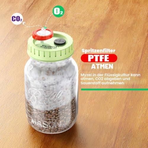6 x Mushroom Culture Lids Regular Mouth Lid with 0.2 Micron PTFE Syringe Filter and 20mm Self Healing Injection Ports for Mushroom Growing Mycology Green