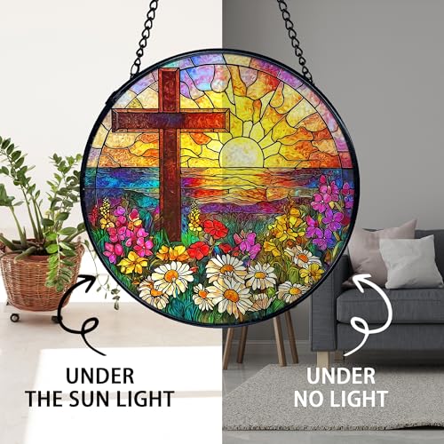 TNUW Cross Flower Stained Glass Window Hanging, Christian Wildflower Sunset Landscape Sun Catchers Indoor Window Glass Round Wall Art Decor, Religious Wall Hanging Decorations, 7.9＂x7.9＂
