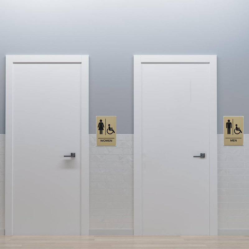 ADA Compliant, Women's Handicap Bathroom Sign, Raised Icons, & Grade 2 Braille - Includes Adhesive Strips for Easy Installation - 6" W x 9" H Made in the U.S.A. (Taupe, 6-Pack) Taupe