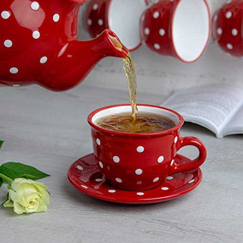 City to Cottage Handmade Red and White Polka Dot Large Ceramic 12oz/350ml Cappuccino Coffee Tea Cup and Saucer, Unique Designer Pottery Gift for Tea Lovers Red - 12oz (350ml)