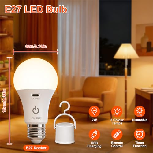Ketom Remote Control Light Bulb E27 Rechargeable Bulb with Timer | 7 W rechargeable LED lamps, 3 colors and dimmable, touch control, pack of 2 wireless decorative lamp bulbs, emergency light 3 Colors 2 Pieces