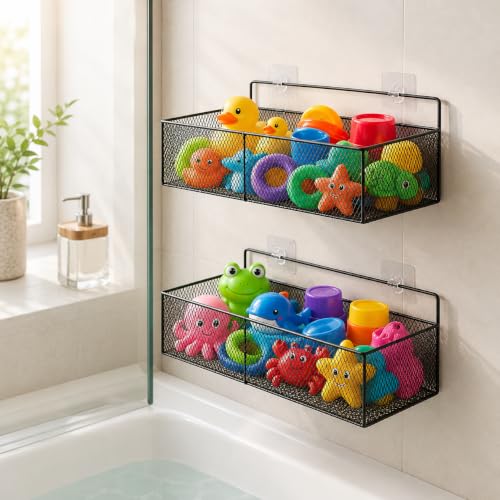 2 Pack Bath Toy Storage Basket, Wall Mounted Metal Mesh Bathtub Organizer with Drainage, Rust Resistant Space Saving Shower Holder for Kids Toys and Bathroom Toiletries