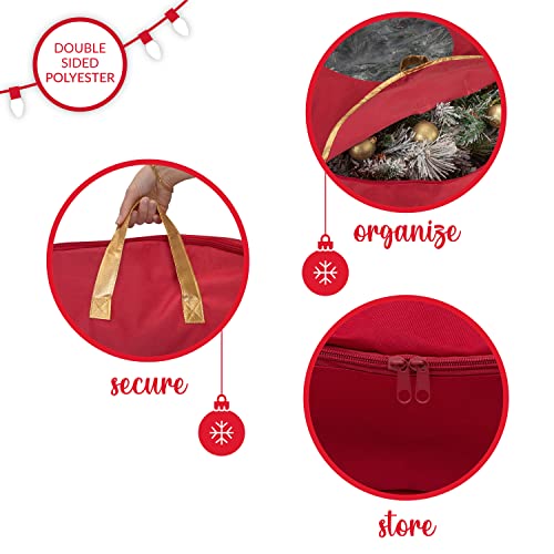 Simplify 36 Inch Wreath Bag | Christmas Storage | Holiday Decorations | Round Zippered Bag | Protects Wreathes | Heavy Duty | Collapsible | Red