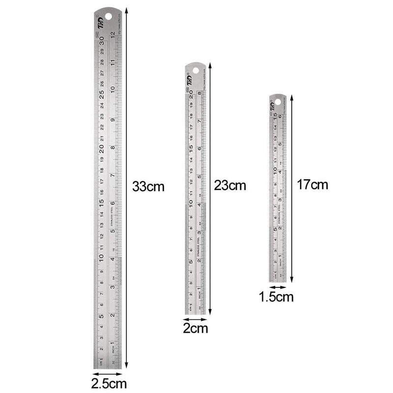 3 pieces stainless steel metal ruler, 15 cm/20 cm/30 cm | Precision double scale edge steel ruler for engineering, teaching and office