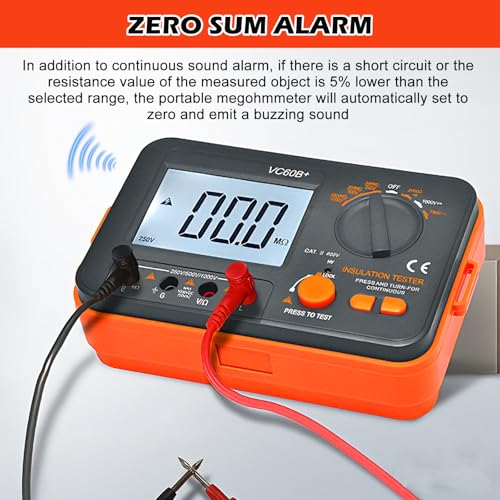 Digital Megohmmeter, Insulation Resistance Tester Insulation Resistance 0.1MΩ-2GΩ with 250V/500V/1000V Test Voltage with Backlit LCD Display, Includes Measuring Tips Crocodile Clips