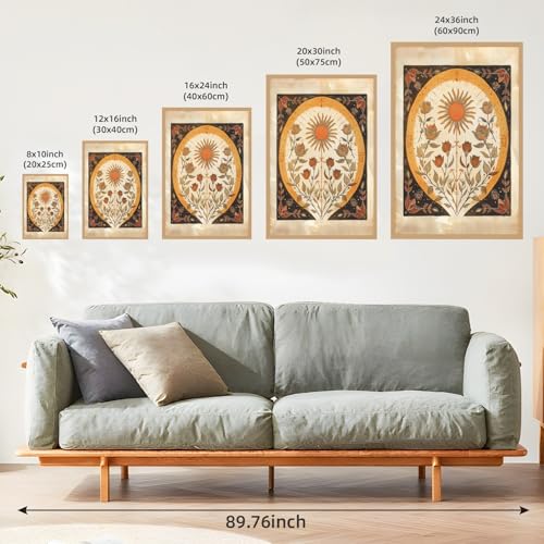 Framed Orange Sun and Roses Sun Wall Art Poster Mystical Minimalist Folk Canvas Painting Moody Flowery Spiritual Print Botanical Boho Norse Mythology Earth Tones Bedroom Home Decor 8x12inch 8"L x 12"W Folk print