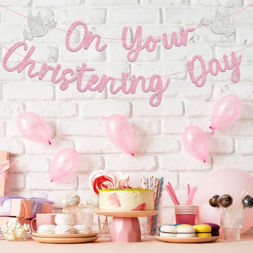 Pink Christening Banner Decorations for Girls Glittering on Your Christening Day DIY Baptism (Pink) Pink