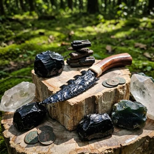 10" Handcrafted Black Obsidian Knife – Hand-Knapped Stone Blade with Carved Wooden Handle – Decorative Athame for Rituals, Altar Decor & Metaphysical Healing