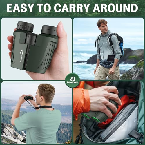 Aurosports 15x25 Compact Binoculars for Adult Kids - High Power Binoculars for Bird Watching - Easy Focus Small Binocular with Low Light Vision for Travel, Camping, Concert, Hiking -Green green