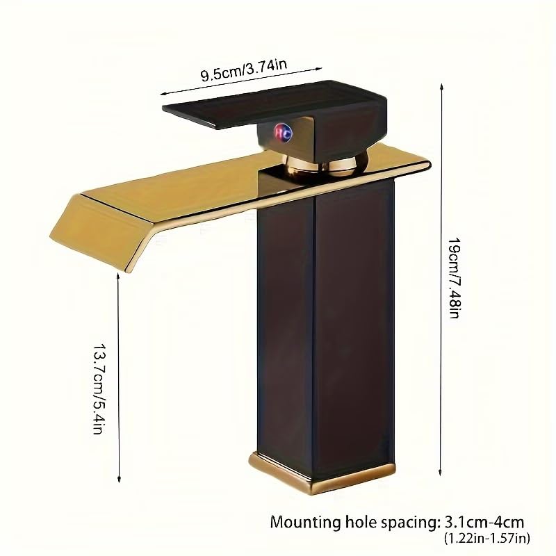 Luxury Waterfall Bathroom Sink Faucet, Matte Black & Gold Finish Single Hole Deck Mount Tap, 304 Stainless Steel Modern Basin Mixer with Ceramic Valve, Water-Saving Waterfall Spout