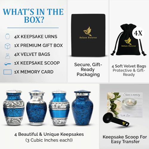 Graceful Small Urns for Human Ashes Keepsake – Elegant Cremation Urn for Cherished Memories – Tiny Urn Keepsakes – Mini Urns for Human Ashes (Blue, Set of 4) Blue