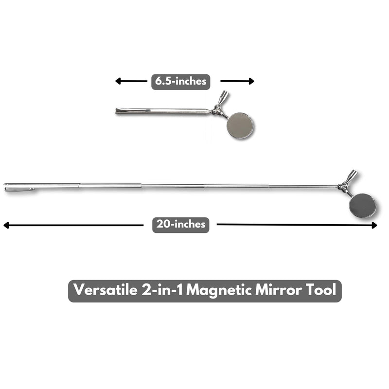 [Australia - AusPower] - 2-in-1 Telescoping Inspection Mirror Magnetic Pickup Tool 2-Pack - Stainless Steel, Extendable 6.5-20 inches with 360° Pivot - Pen Clip Magnet / Mirror 
