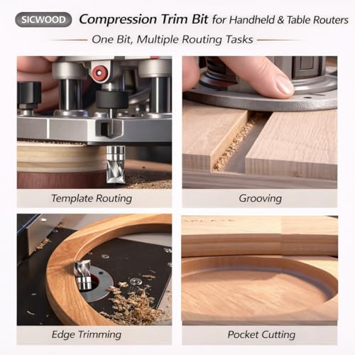 SICWOOD solid carbide compression flush trim router bit, 1/2-inch diameter, top bearing and 1/4-inch shank