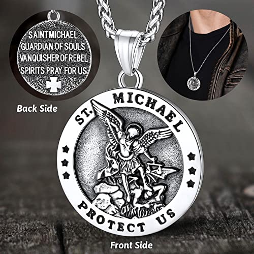 FaithHeart Saint Michael Pendant Necklace for Men, with 22"+2" Wheat Chain 01. Round Style 1-Silver Stainless Steel