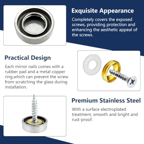 24 Pcs 5/8 Inch (16mm) Stainless Steel Screw Cover Caps with Screws & Rubber Pads – Decorative Mirror Hardware for Bathroom, Kitchen, Furniture 16mm