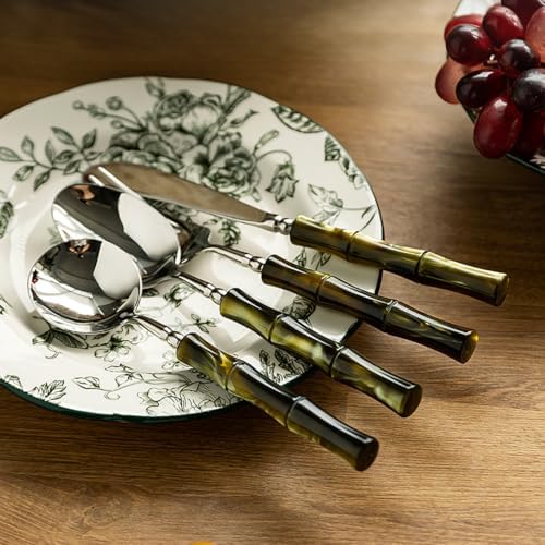 4-Piece Bamboo Design Silverware Set for 1 - Elegant 18/10 Stainless Steel with Acrylic Handle Flatware Cutlery - Premium Green Kitchen Utensil Tableware- Dishwasher Safe