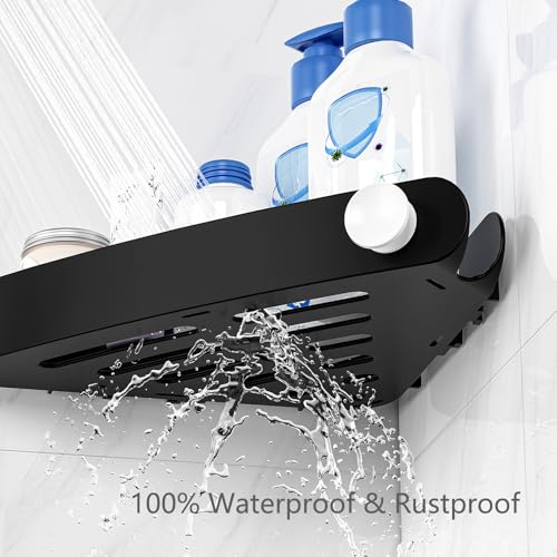 Set of four Sotfamily black plastic corner shower caddies designed for 90° showers, ideal for organizing bathroom essentials.