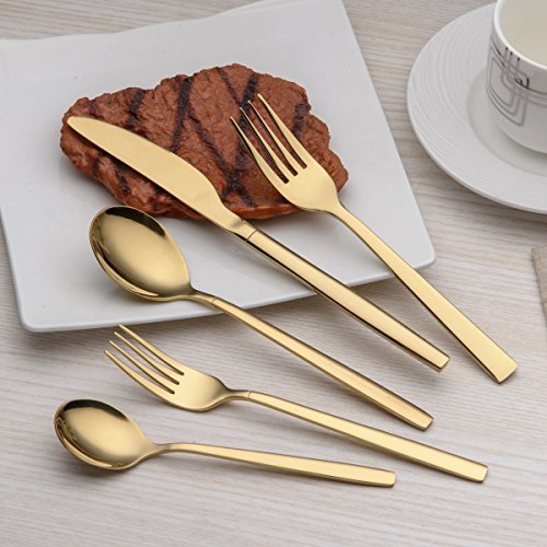 Berglander 20 Piece Titanium Gold Plated Stainless Steel Flatware Set, 20 Pieces Golden Silverware Set, Golden Cutlery Set, Service for 4 (shiny Gold) A. 20 Pieces Gold