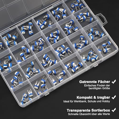 Trimmer Potentiometer Set 120 Pieces Adjustable Resistors Set 24 Values 100 Ω to 2 MΩ, Variable Resistance Assortment for PCB, Electronics and DIY