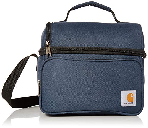 Carhartt insulated lunch cooler with two compartments, navy color, durable fully-insulated design, holds 12 cans, for convenient outdoor meals.