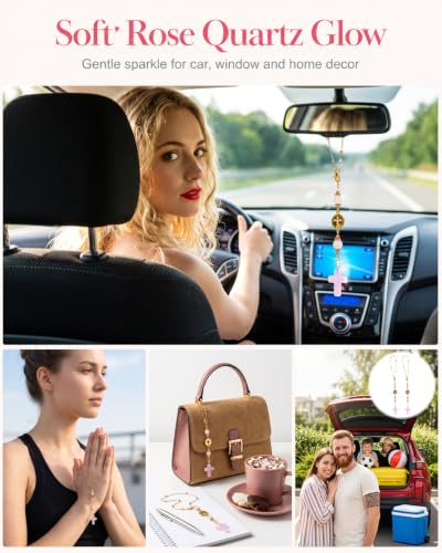 HAYVAN Cross for Car Mirror, 2-Set Rose Quartz Crystal Hanging Charm
