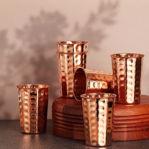 HealthGoodsIn Pure Copper Cups Set of 6 - Pure Copper Drinking Cups & Hammered Copper Tumbler for water 11.8 oz (350 mL), Ayurvedic Copper Cups for Daily Use