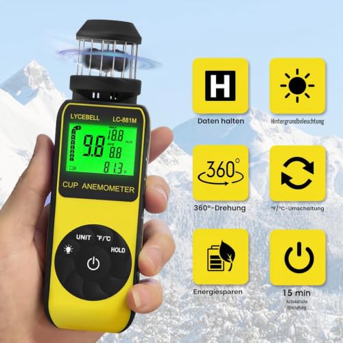 Wind Gauge, Handheld Digital Anemometer, Measures Wind Speed and Temperature with Compass, Wind Cup Anemometer for HVAC Vents, Surfing, Sailing (LC-881M)