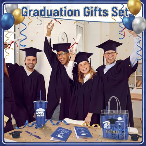 LemonRoad 30 Pcs Class of 2026 Blue Graduation Gift Bulk Congrats Grad PVC Gift Bag and Socks Plastic Tumblers with Lid and Straw Ballpoint Pens Inspirational Notepads Graduation Party Favors