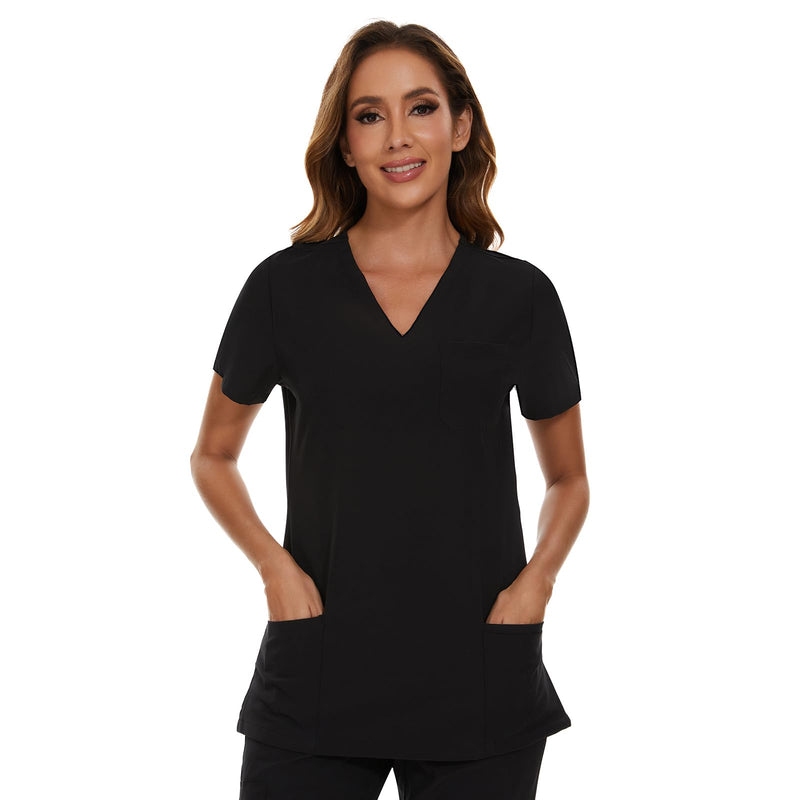 [Australia - AusPower] - Scrub Tops for Woman - Soft Stretch, V-Neck Top Scrubs with 3 Pockets, Easy Care for Women Black Medium 