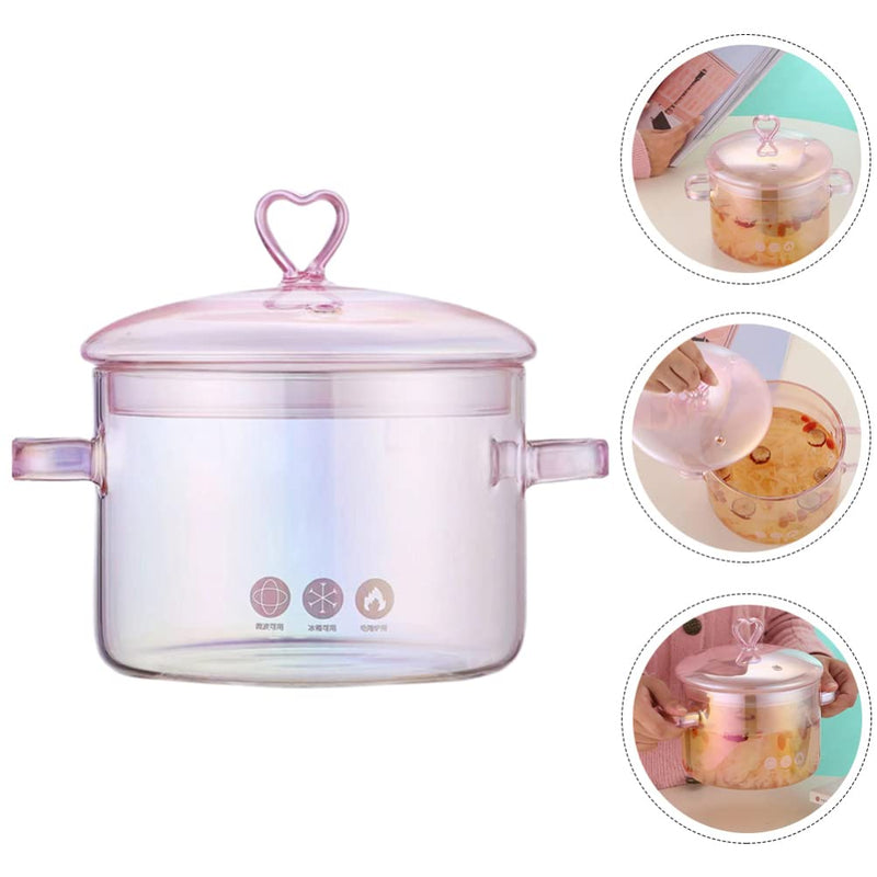 Vaguelly Retro Glass Soup Pot 1.5L Double-Handle Cooking Pot for Stovetop Heat-Resistant Household Stew for Soup Noodles and Seafood Pink 1.5L(1.6Qt)