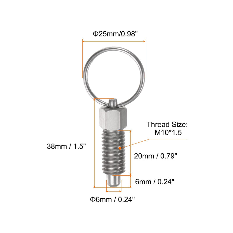 [Australia - AusPower] - 2Pcs Spring Plunger with Pull Ring M10x1.5 Thread Size 0.79" Thread Length Pin Dia.6mm Round Head Stainless Steel Non-Locking Retractable Index Plunger for Industrial Equipment 