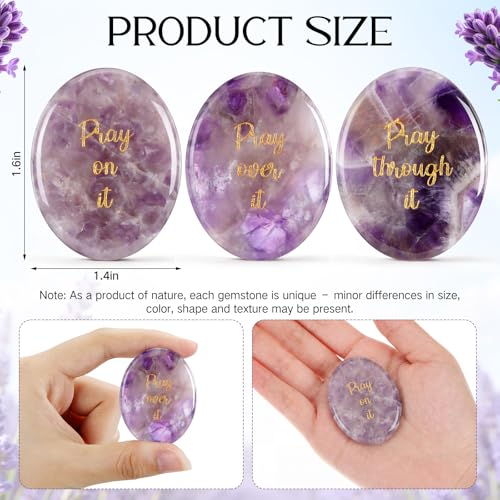 Domensi 3 Pcs Prayer Amethyst Crystals Thumb Worry Stones Anxiety Relief Items Inspirational Healing Crystals for Women Men Meditation Reiki Spiritual Gifts