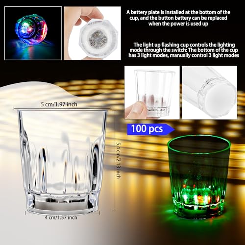100 Pack Led Light Up Shot Glasses Glow in the Dark Shot Glasses Color Changing Shot Glasse for Adults Party Birthday Bar Valentine Halloween Weddings Supplies