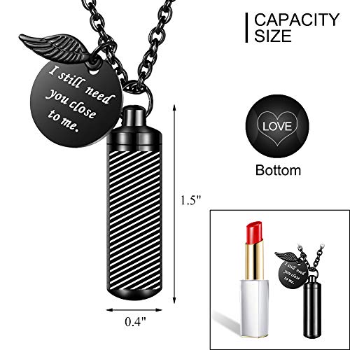 abooxiu Cylinder Urn Necklace for Ashes Cremation Jewelry/Keychain for human Pet Stainless Steel Memorial Keepsake Pendant with Angel Wing Charm Ashes Black-M