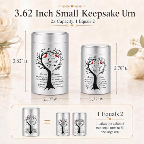Set of 2 Small Urns for Human Ashes Keepsake, 3.62 Inch Mini Cremation Urns for Human Ashes, Memorial Funeral Sharing Keepsake Urns Set with Two Cardinal Birds, Silver 2 Pack - Heart-Silver