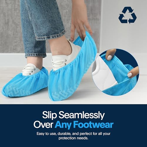 Blue Shoe Guys 100 Premium Disposable Boot & Shoe Covers | Extra Thick Water-Resistant Protective Foot Booties, Non-Slip, Men/Women, Recyclable Plastic | Large Fits Most (Happiness Guarantee) fabric