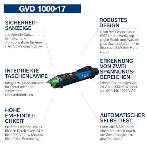 Bosch Professional Voltage Tester GVD 1000-17 | Non-contact voltage detection, IP67, dual range 24-1000V AC, integrated torch, belt clip, CAT IV 1000V tested