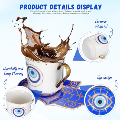 Zerodeko Evil Eye Cup with Saucer 2-pack Porcelain Tea Mug Set Microwave and Dishwasher Safe Anti-Scald Handle 4.13 X 5.90 X 2.95 in for Home Office Tea Coffee Milk