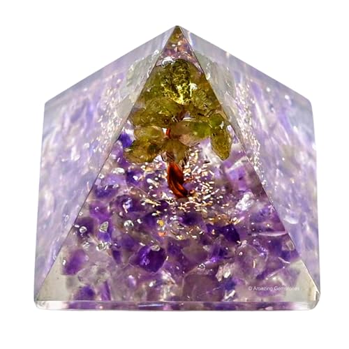 Amazing Gemstone Amethyst with Peridot Tree Orgone Pyramid - 30mm Small Orgonite Pyramids with Crystals and Healing Stones - Authentic Organite Gifts Orgonite Pyramid - 30mm