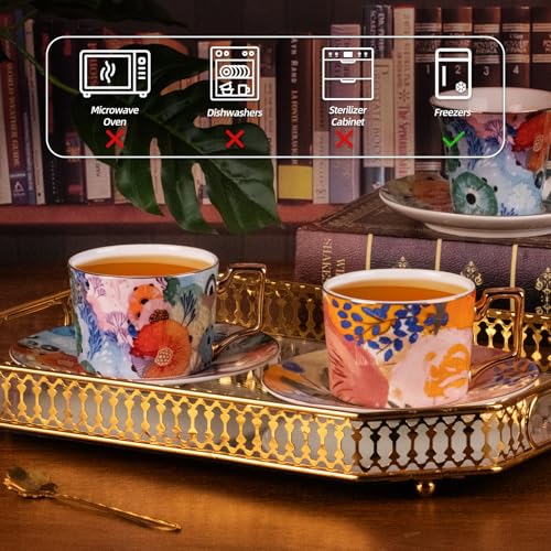 KAMMAK Tea Cups and Saucers Set of 2, Fine Bone China Coffee Cups, 569N 7KPSP569N+570N