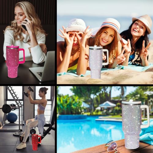 40 Oz Rhinestone Tumbler with Handle and Flip Straw, Insulated Stainless Steel Double Layer Bling Tumbler | Leak Proof Glitter Tumbler for Women | Reusable 1200ml Travel Bling Cups White AB Northern light 40.0