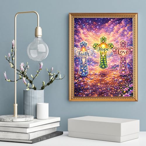 Yikenjoy Faith Hope Love 5D Diamond Painting Kit for Adults, Christian Religious Cross DIY Full Drill Gem Art, Inspirational Spiritual Wall Decor & Gifts, 16x12 Inch
