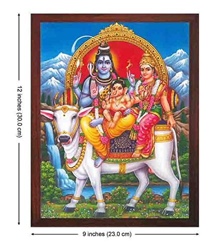Shiva Parvati Ganesha Nandi Om Framed Indian Wall Art Shiva Parivar with Nandi in Himalaya