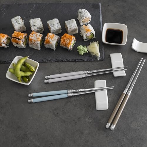 French Home Mother of Pearl Color Chopsticks, Rests & Sauce Bowls, 4 Pairs Pewter, Pale Blue, Seafoam Green, and Silvery Gray 12-Piece Set