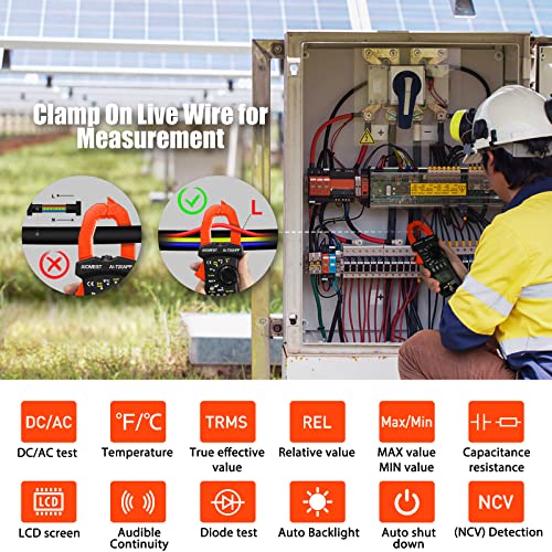 AIOMEST AI-7200APP Bluetooth digital clamp multimeter with LCD display, clamp jaw, NCV sensor, and test leads