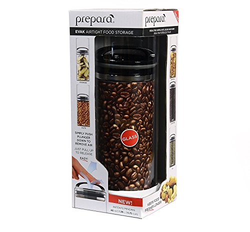 Prepara Evak large glass food storage container with airtight lid, measuring 6 by 3.75 inches, ideal for keeping food fresh.