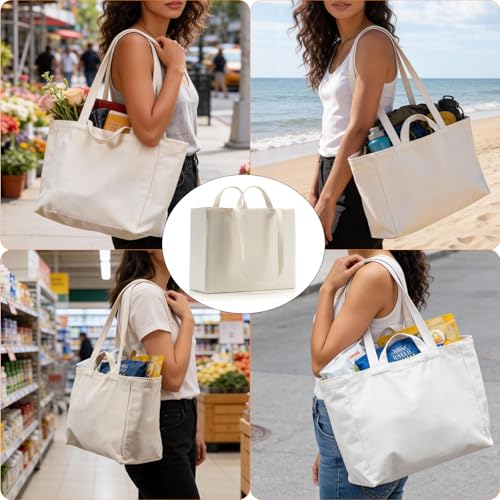 Canvas Grocery Bags Canvas Tote Bag with Long Shoulder Strap and Short Handle Heavy Duty, Foldable, Washable 10 Pack