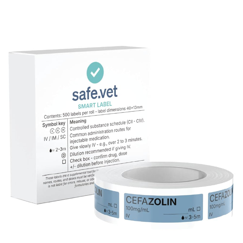 Veterinary Smart Syringe Labels for Surgery and Emergency – Clinical-Grade Color-Coded Roll of 500 | Vet Labels for Medication Safety in Vet Clinics, Hospitals & ICU (Cefazolin) Cefazolin